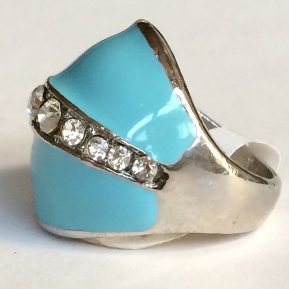Aqua Blue Enamel Dome Cocktail Ring Size 6 7 Art Deco Crystal Silver Plated - Picture 5 of 7